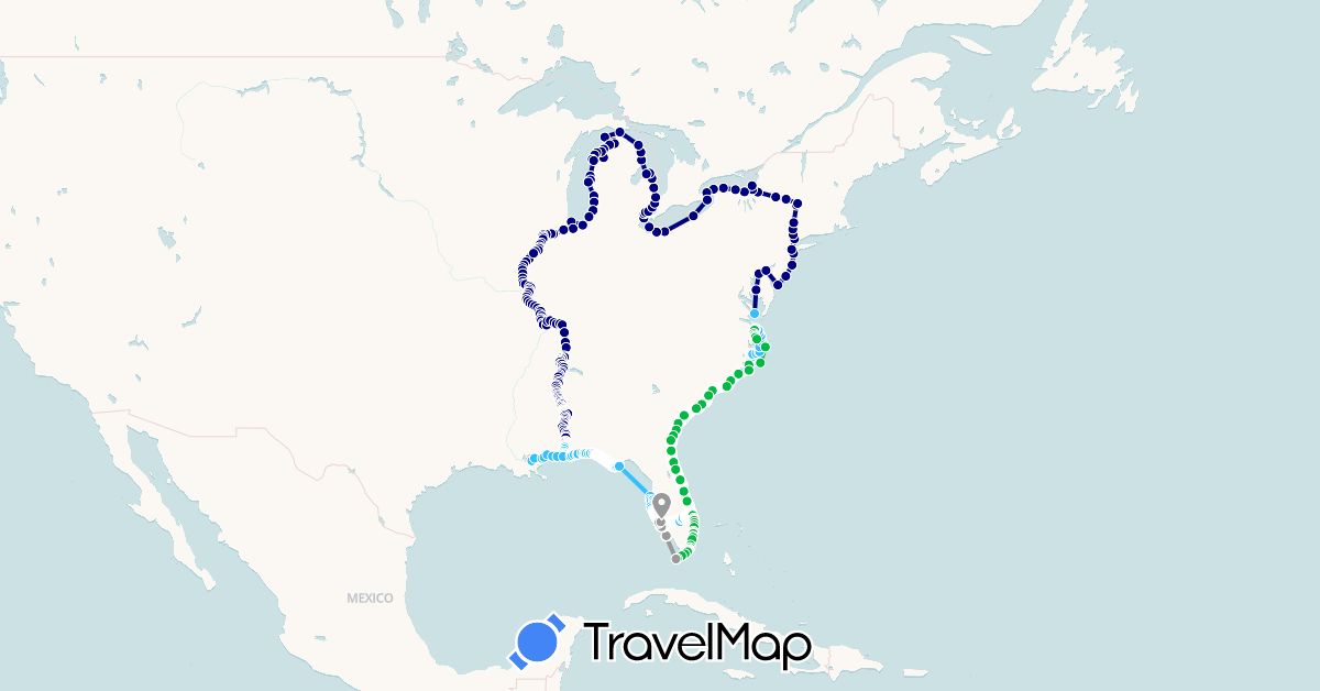 TravelMap itinerary: driving, bus, plane, boat in Canada, United States (North America)