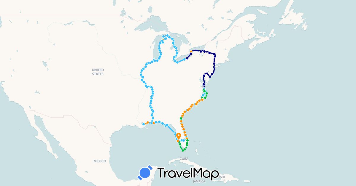 TravelMap itinerary: driving, bus, boat, hitchhiking in Canada, United States (North America)